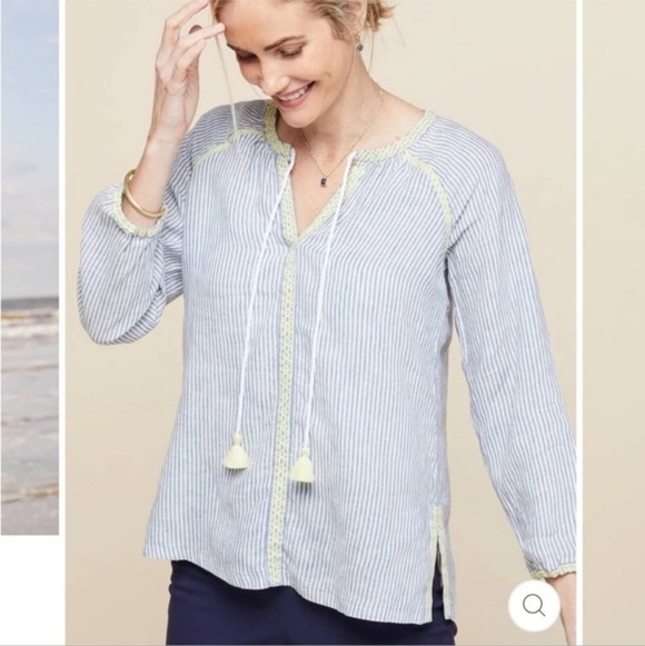 Spartina 449 Carlen Tunic Carolina Blue Stripe Yellow Embroidery & Tassel - M - Picture 3 of 16